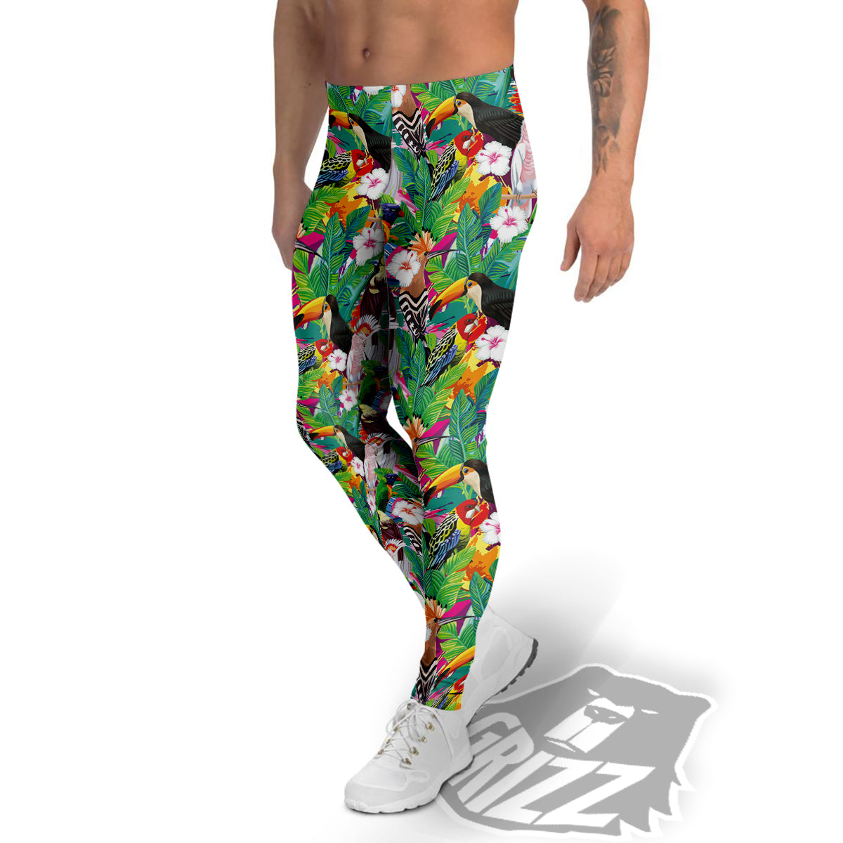 Palm Leaves And Bird Of Paradise Print Men's Leggings-grizzshop