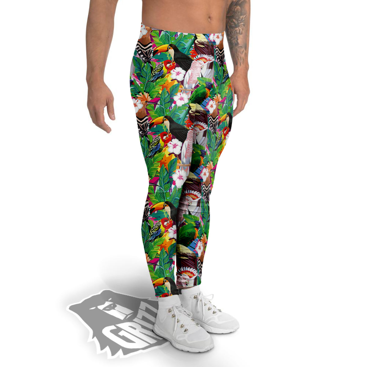 Palm Leaves And Bird Of Paradise Print Men's Leggings-grizzshop