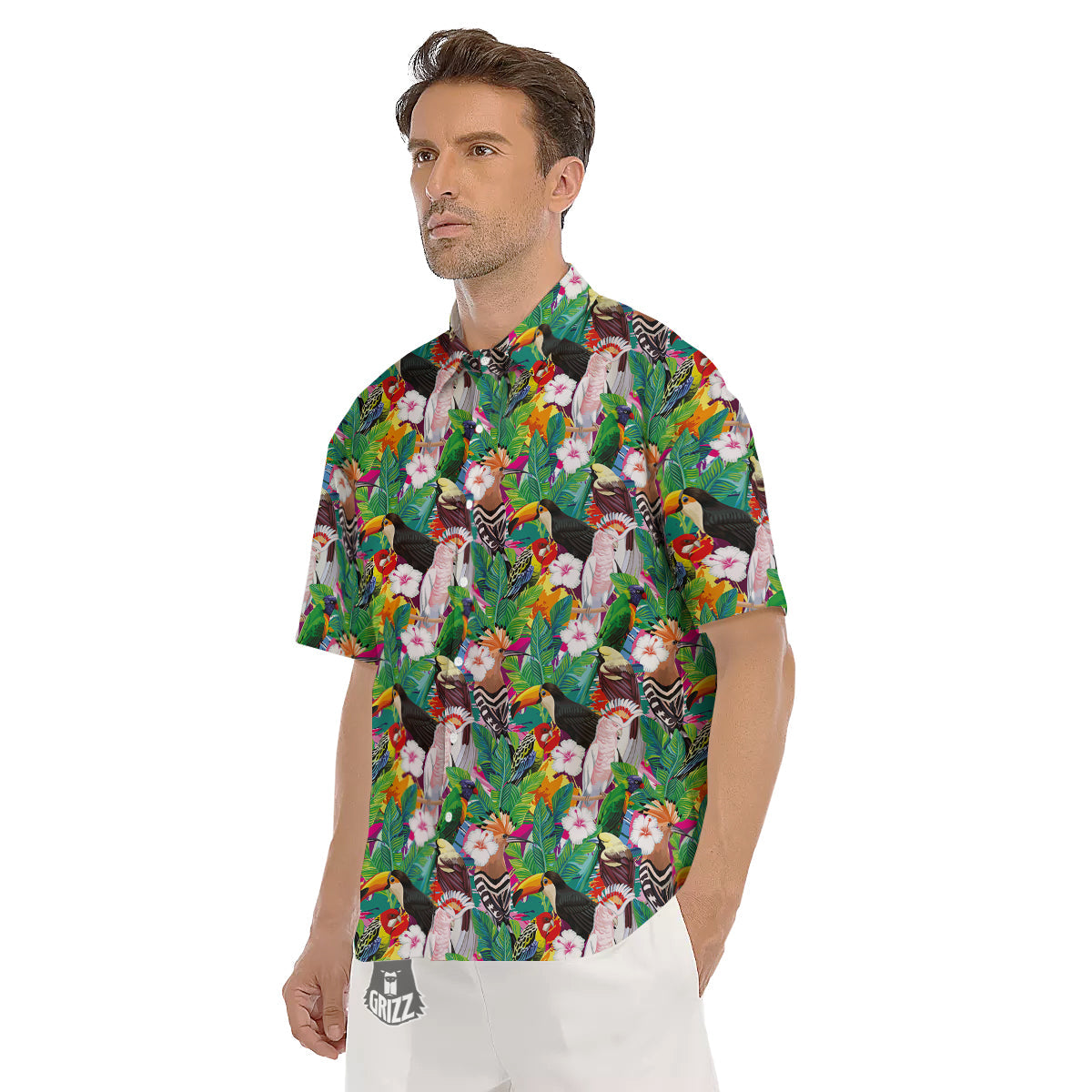 Palm Leaves And Bird Of Paradise Print Men's Short Sleeve Shirts-grizzshop