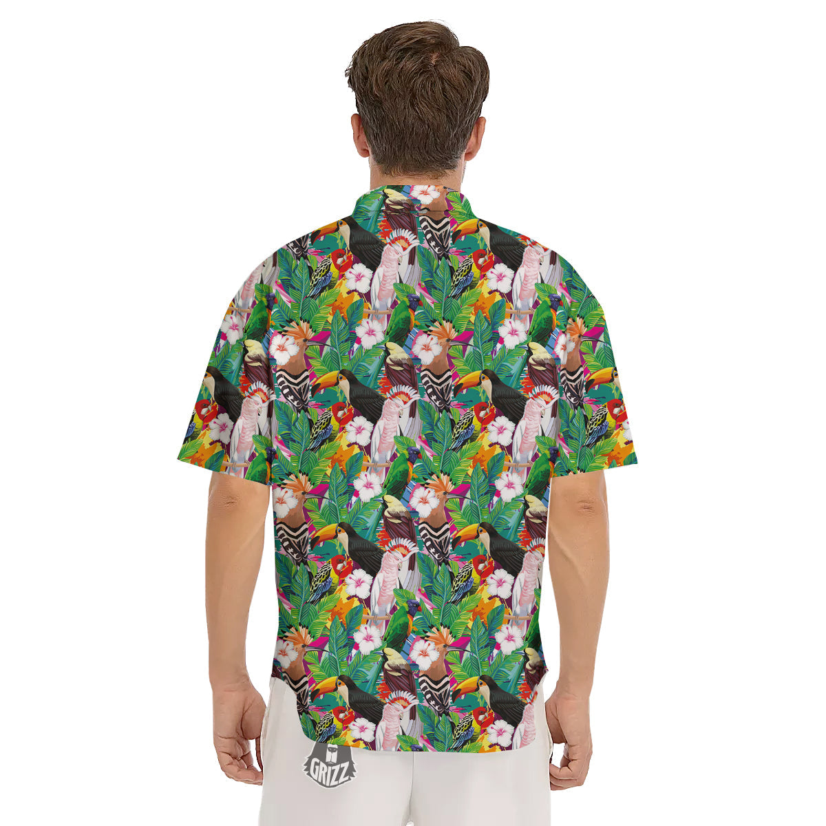 Palm Leaves And Bird Of Paradise Print Men's Short Sleeve Shirts-grizzshop