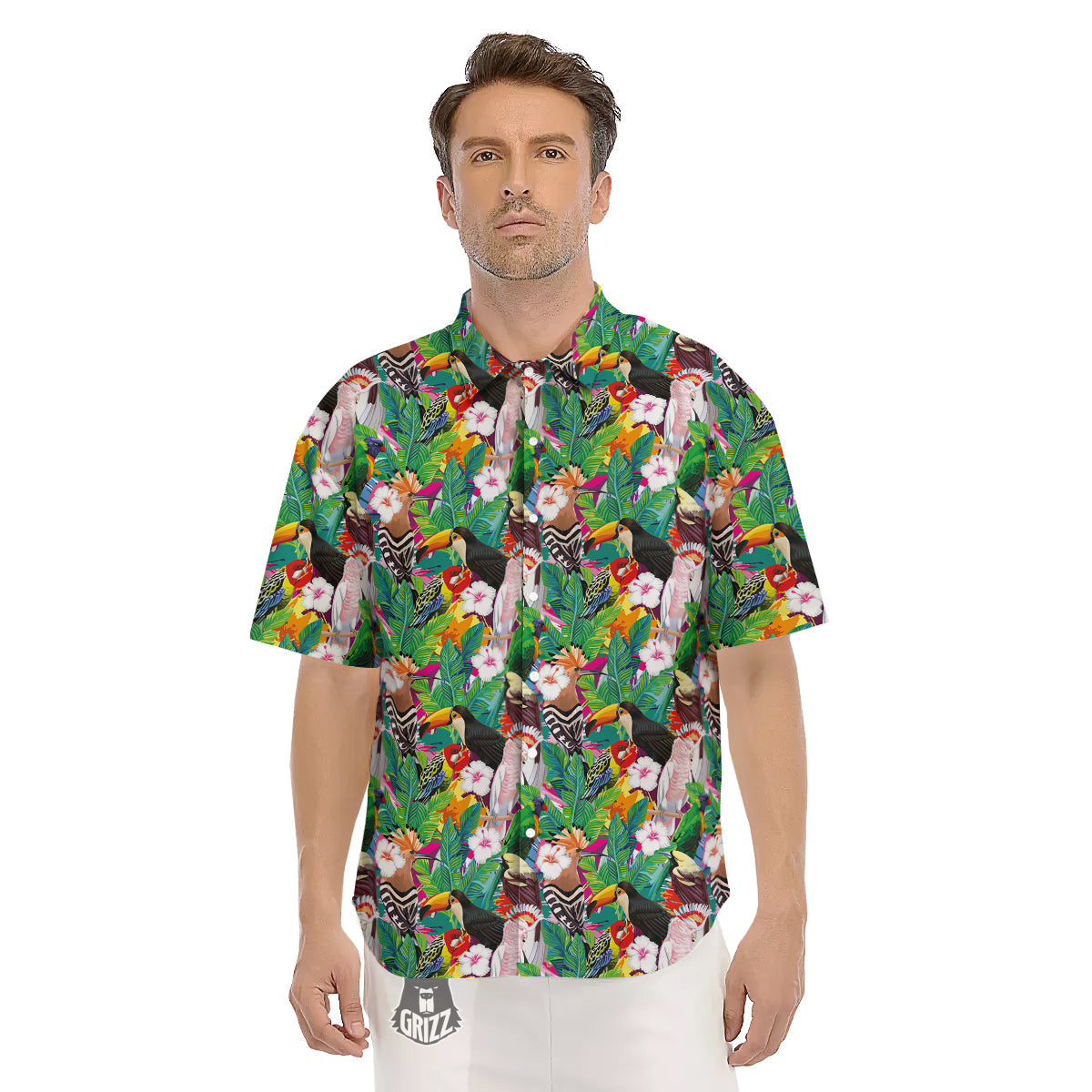 Palm Leaves And Bird Of Paradise Print Men's Short Sleeve Shirts-grizzshop