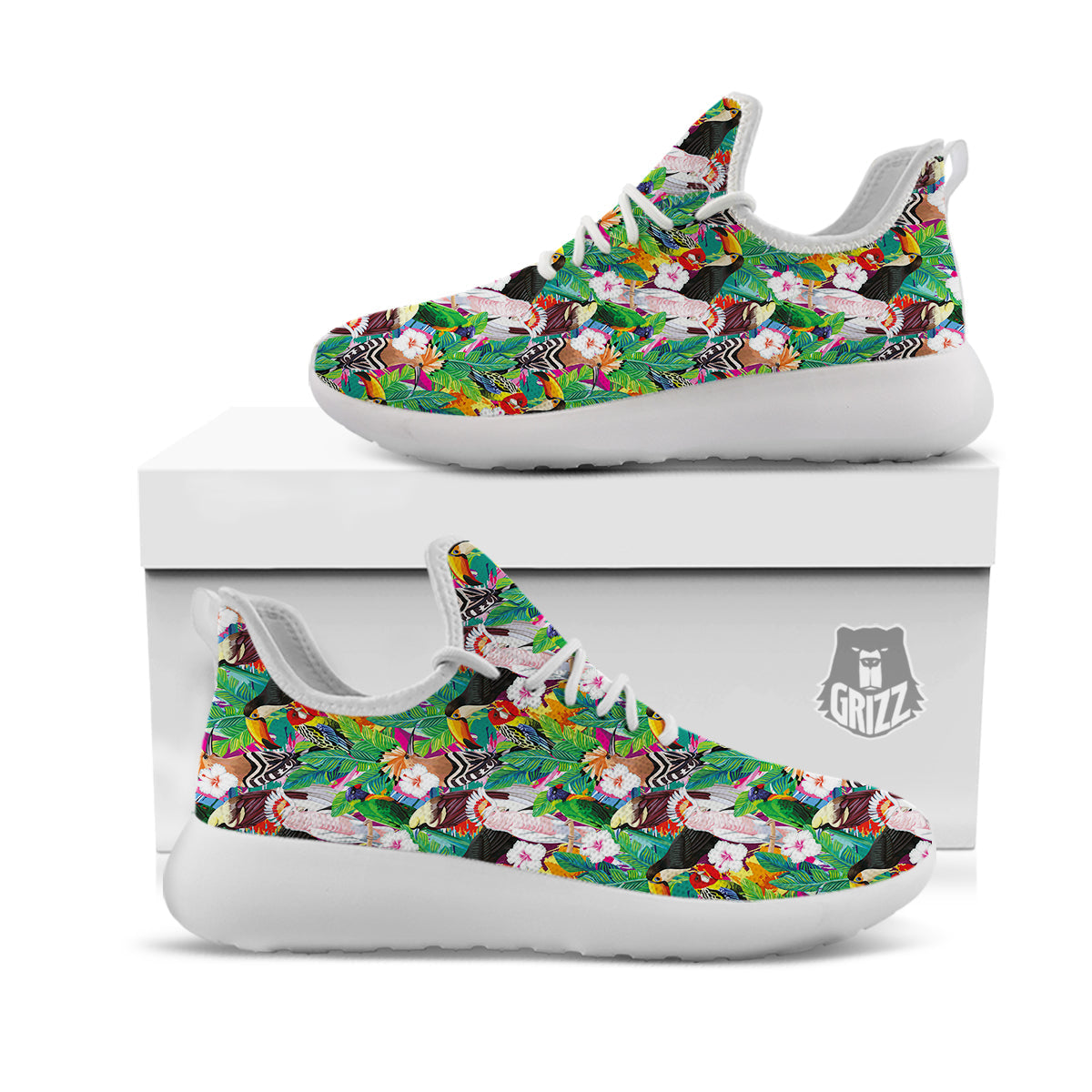 Palm Leaves And Bird Of Paradise Print White Athletic Shoes-grizzshop