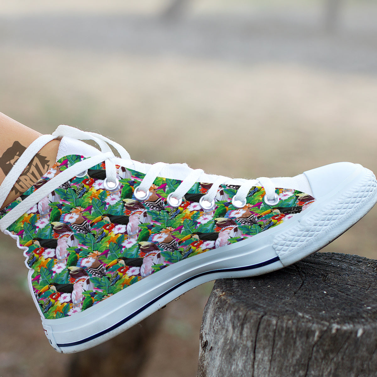 Palm Leaves And Bird Of Paradise Print White High Top Shoes-grizzshop