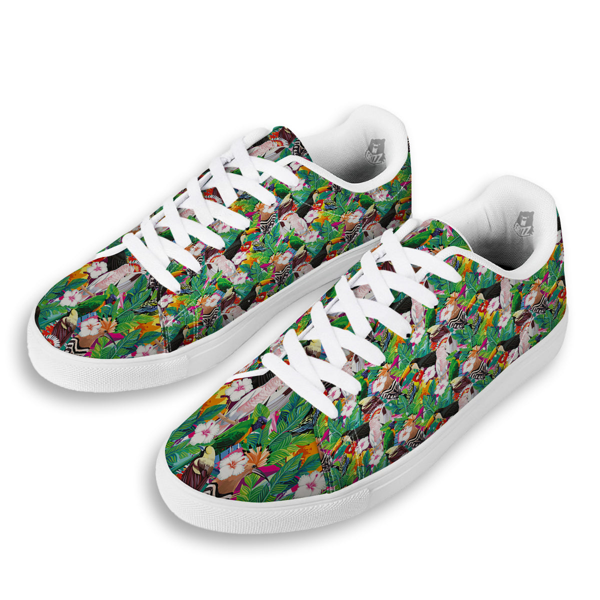 Palm Leaves And Bird Of Paradise Print White Low Top Sneakers-grizzshop