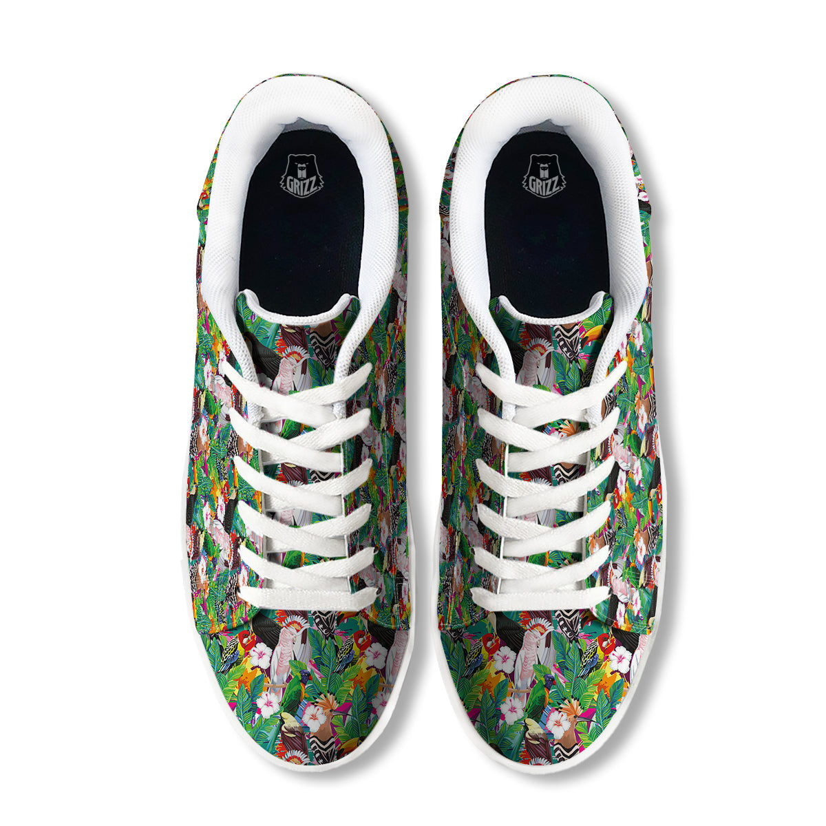 Palm Leaves And Bird Of Paradise Print White Low Top Sneakers-grizzshop