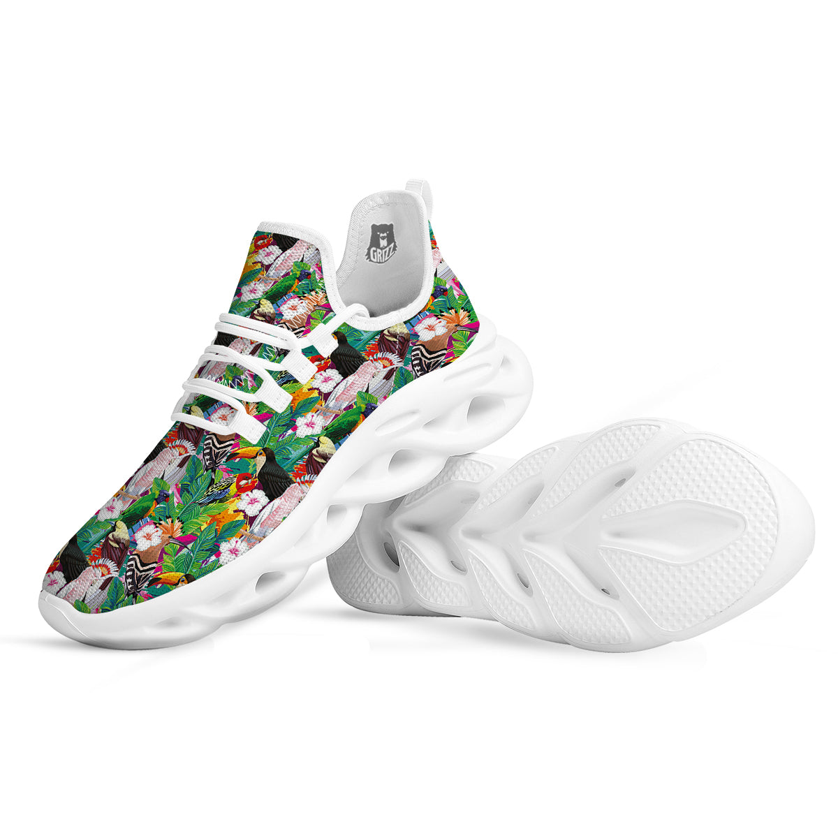 Palm Leaves And Bird Of Paradise Print White Running Shoes-grizzshop