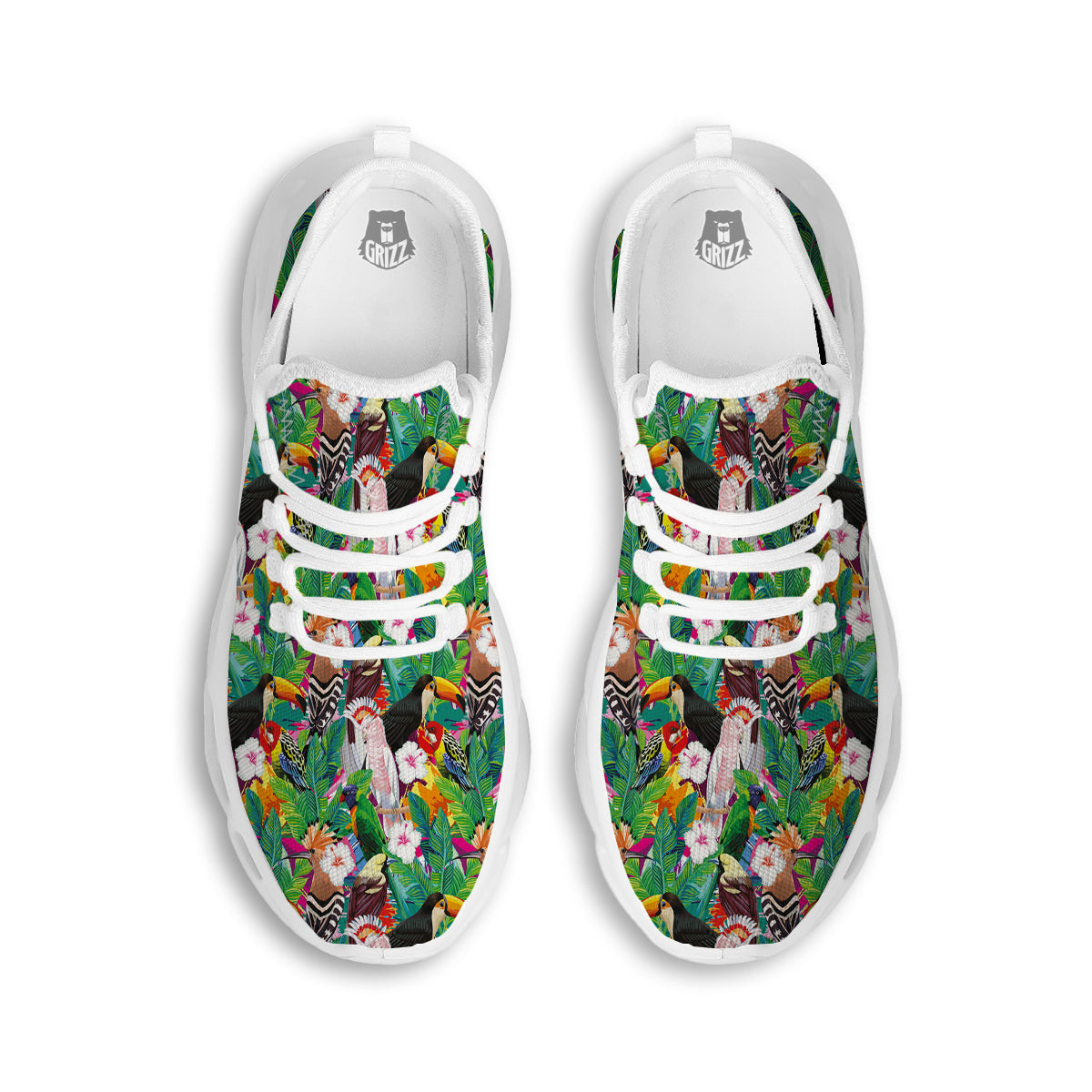Palm Leaves And Bird Of Paradise Print White Running Shoes-grizzshop