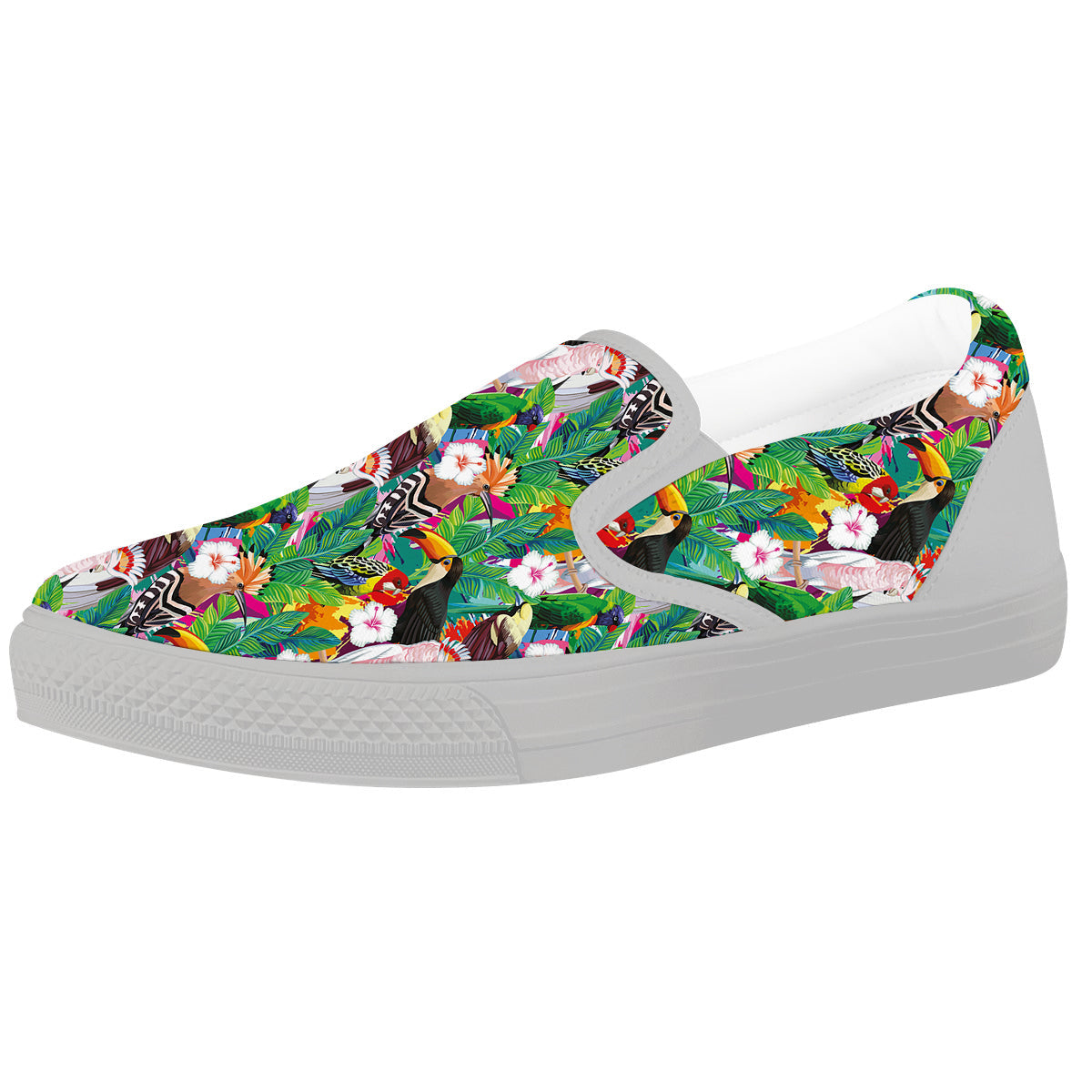Palm Leaves And Bird Of Paradise Print White Slip On Shoes-grizzshop
