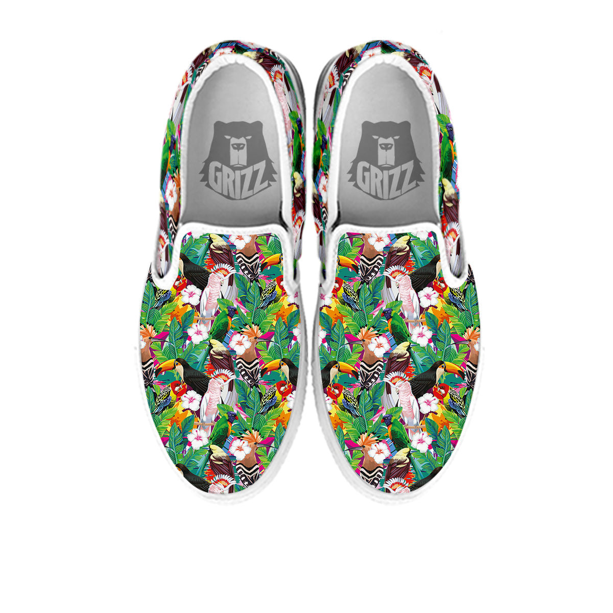 Palm Leaves And Bird Of Paradise Print White Slip On Shoes-grizzshop