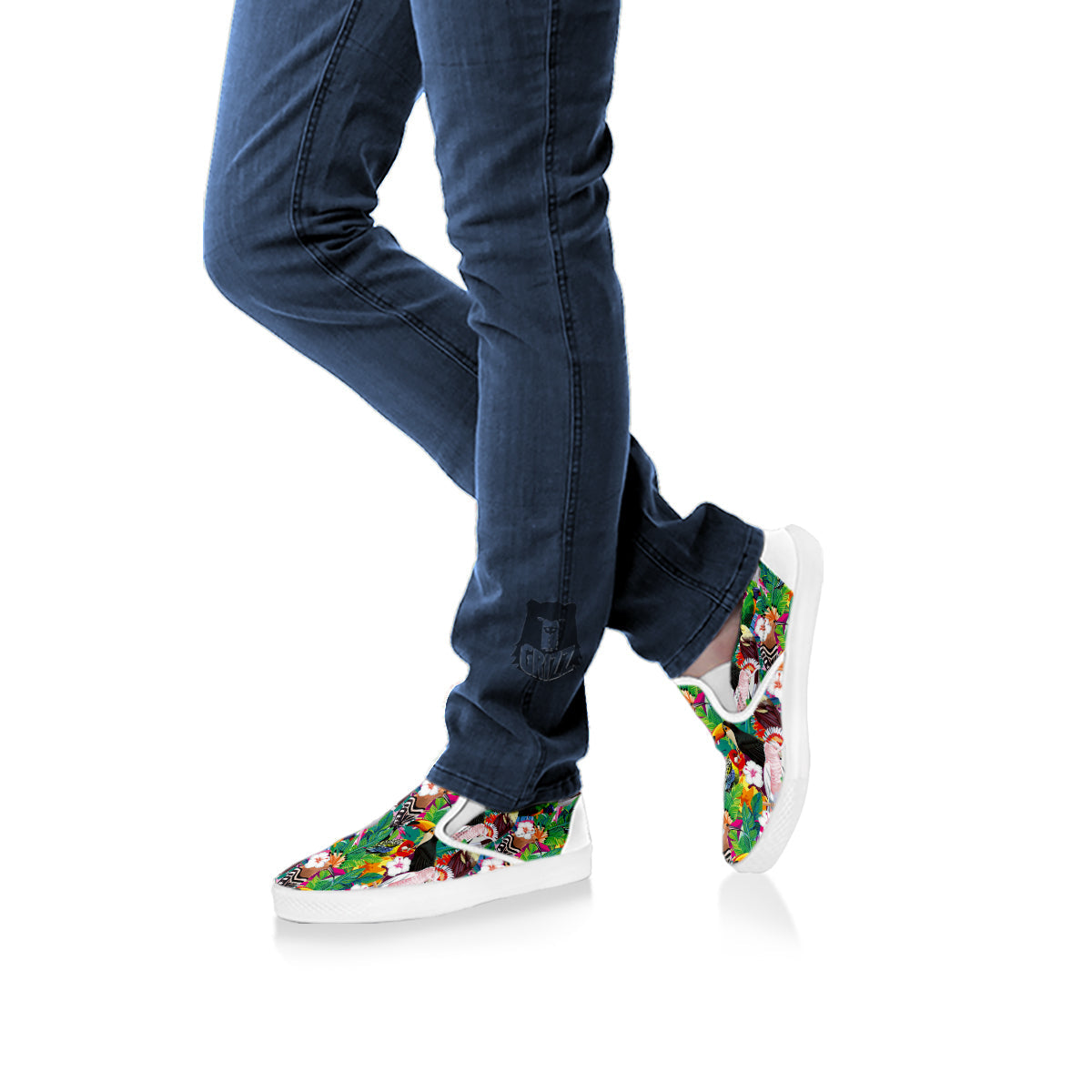 Palm Leaves And Bird Of Paradise Print White Slip On Shoes-grizzshop