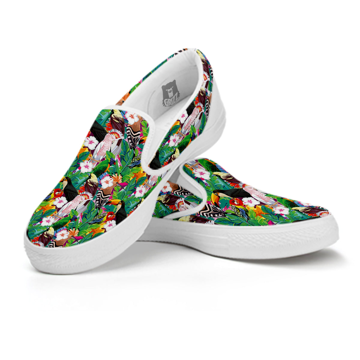 Palm Leaves And Bird Of Paradise Print White Slip On Shoes-grizzshop
