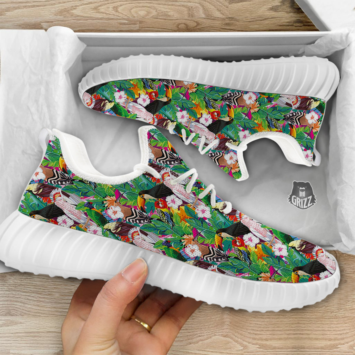 Palm Leaves And Bird Of Paradise Print White Walking Shoes-grizzshop