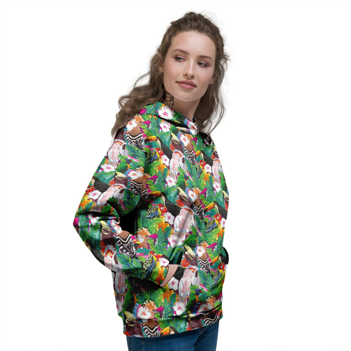Palm Leaves And Bird Of Paradise Print Women's Hoodie-grizzshop