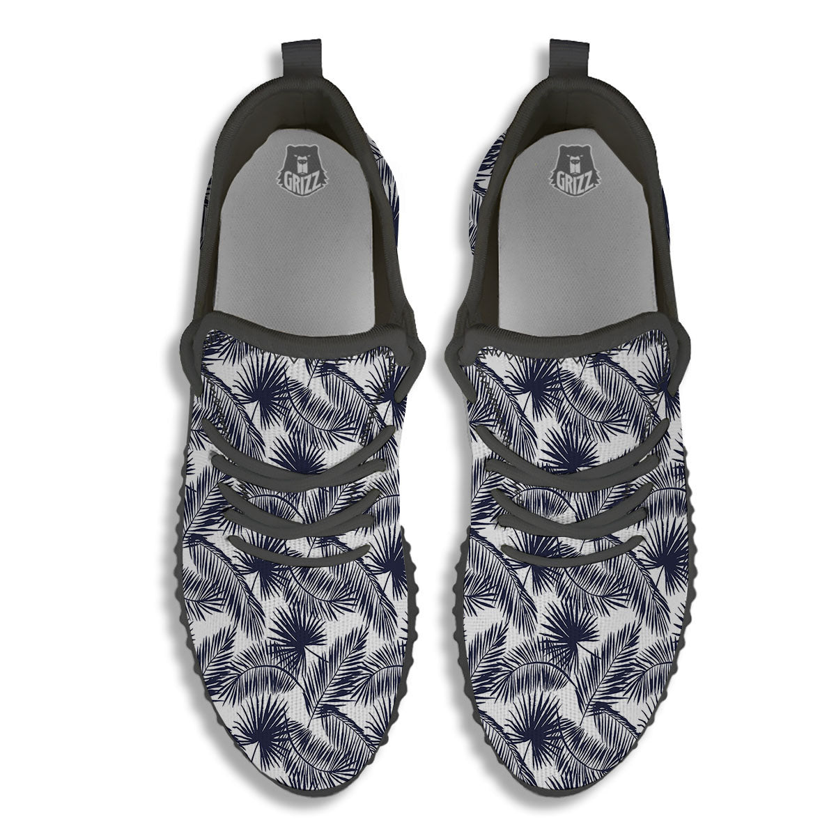 Palm Leaves White And Black Print Black Walking Shoes-grizzshop