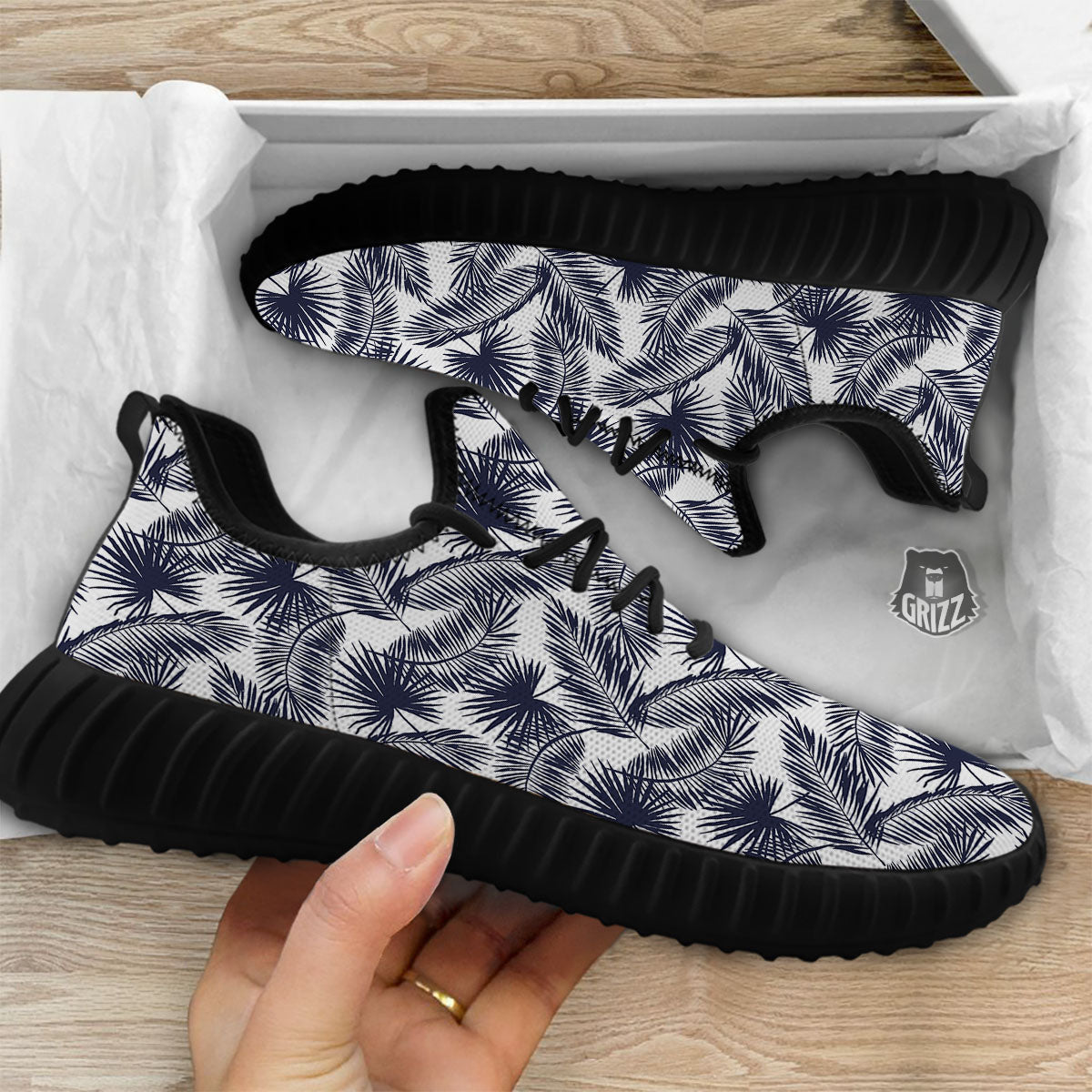 Palm Leaves White And Black Print Black Walking Shoes-grizzshop