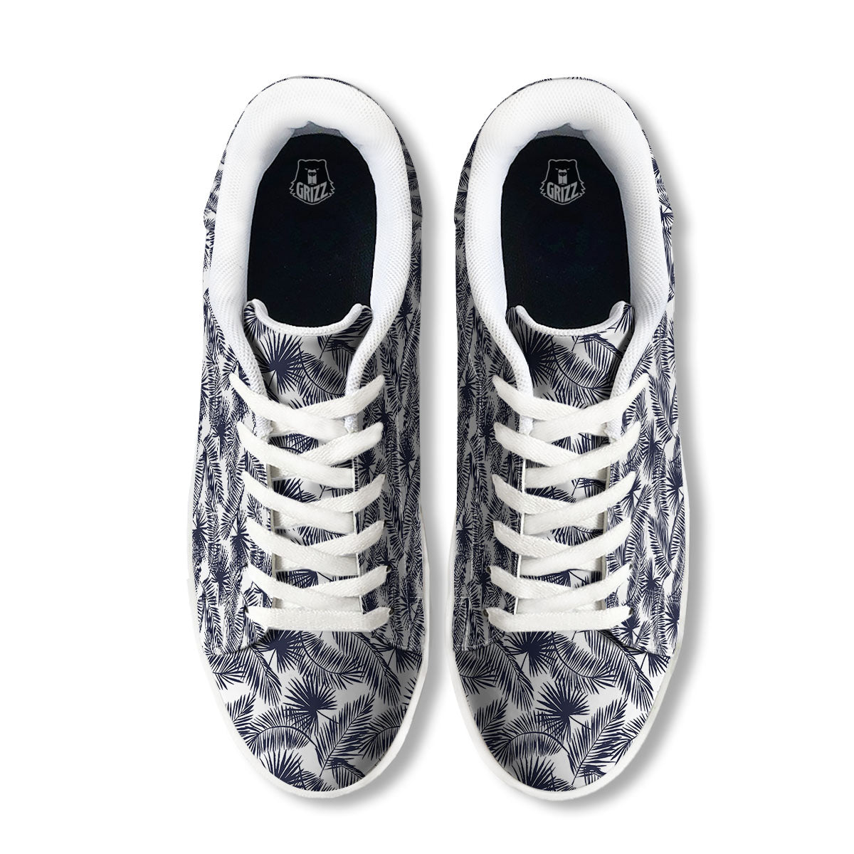 Palm Leaves White And Black Print White Low Top Sneakers-grizzshop