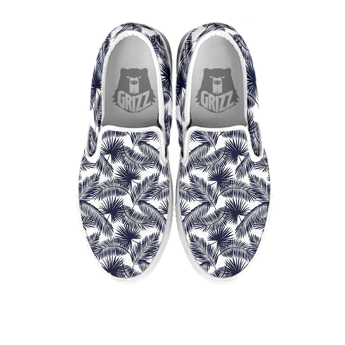 Palm Leaves White And Black Print White Slip On Shoes-grizzshop