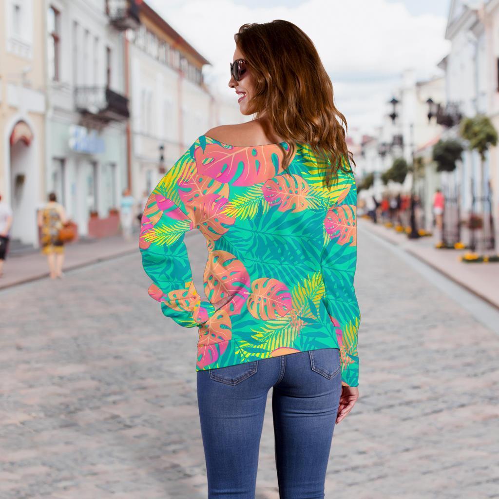 Palm Tree Beach Print Pattern Women Off Shoulder Sweatshirt-grizzshop