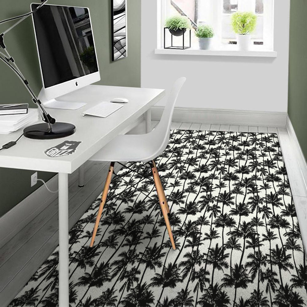 Palm Tree Black White Print Pattern Floor Mat-grizzshop