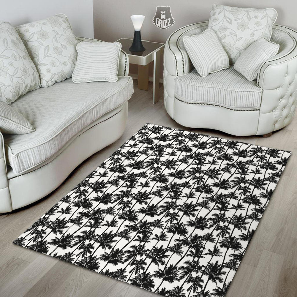 Palm Tree Black White Print Pattern Floor Mat-grizzshop
