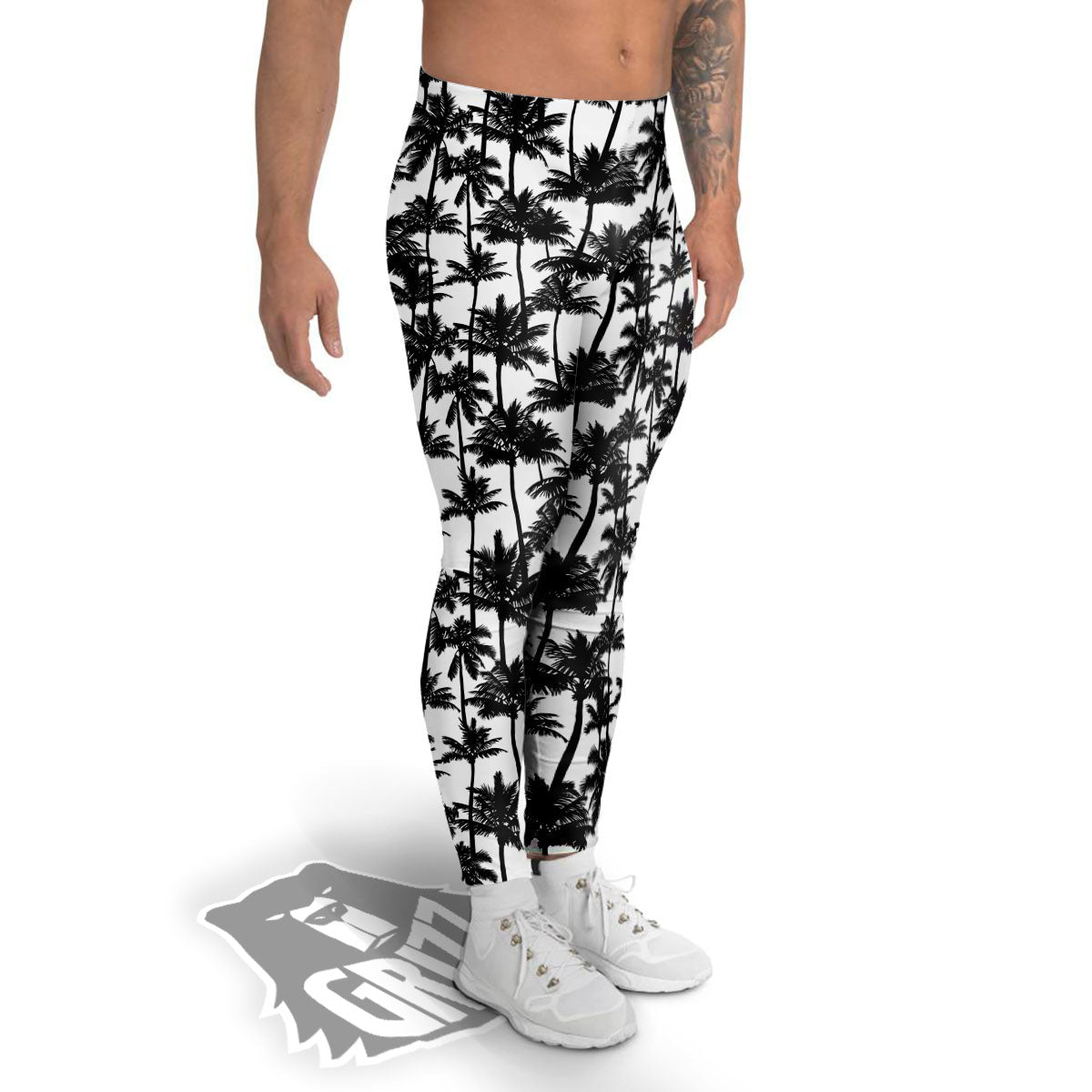 Palm Tree Black White Print Pattern Men's Leggings-grizzshop