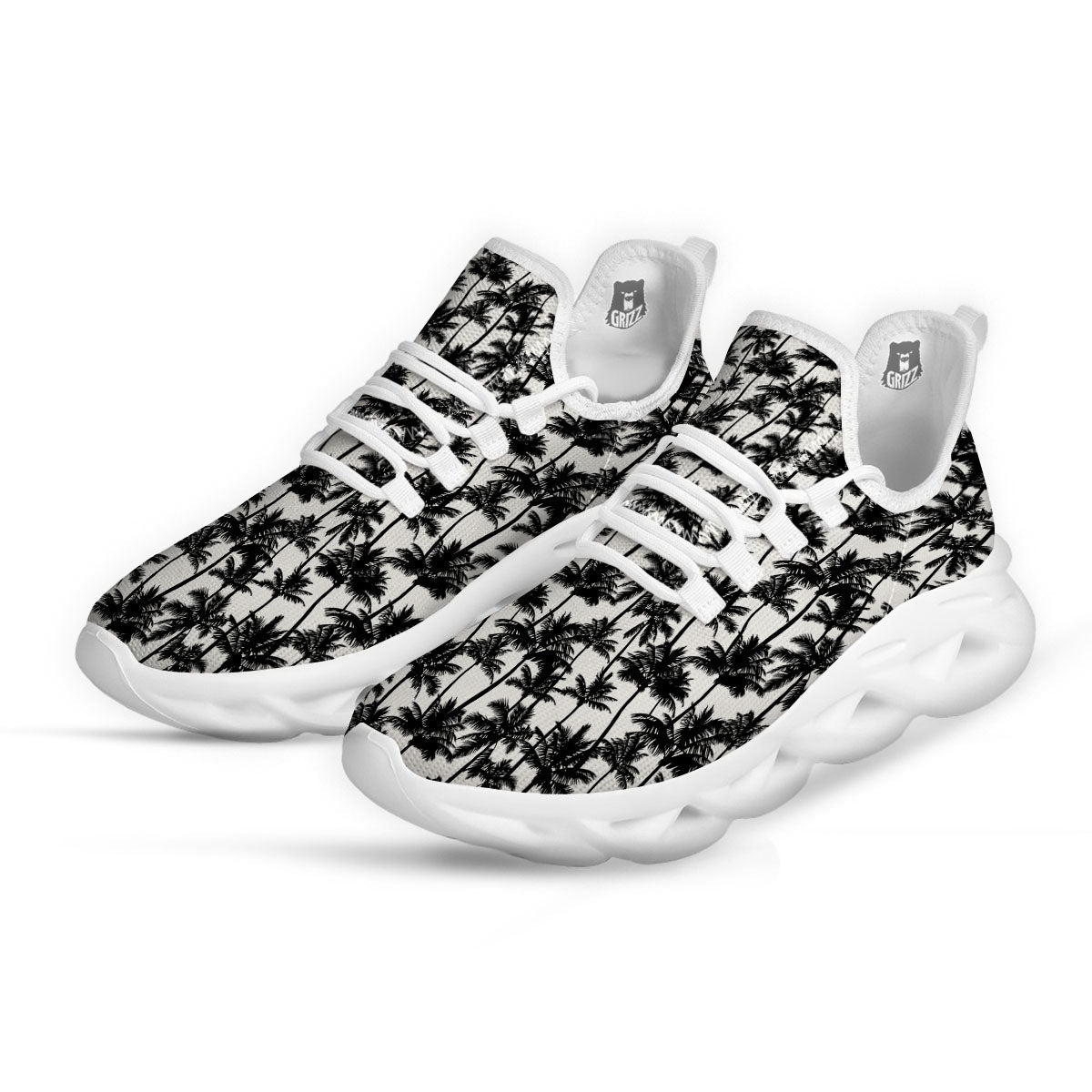 Palm Tree Black White Print Pattern White Running Shoes-grizzshop