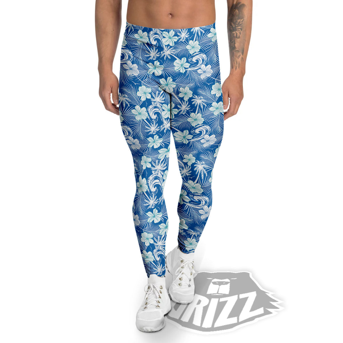 Palm Tree Blue Hibiscus Print Pattern Men's Leggings-grizzshop