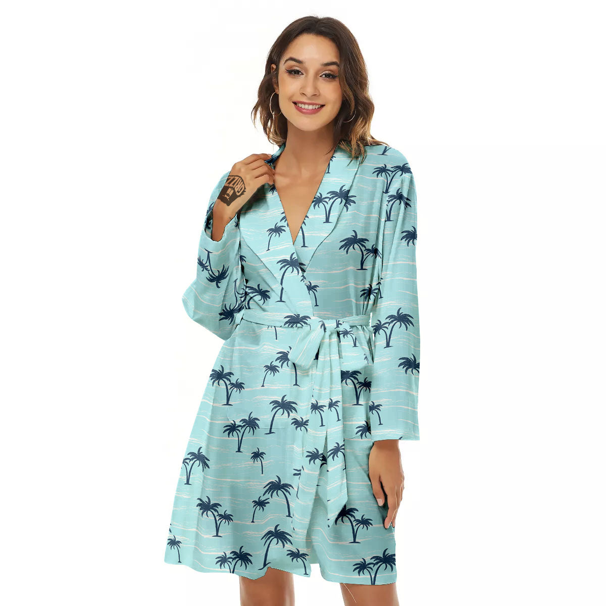 Palm Tree Blue Print Pattern Women's Robe-grizzshop