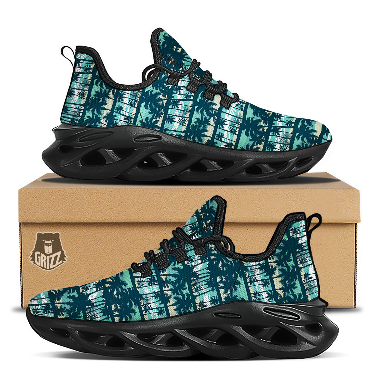 Palm Tree Print Pattern Black Running Shoes-grizzshop