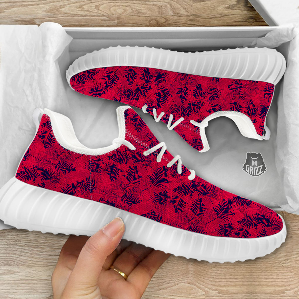 Palm Tree Red Print Pattern White Walking Shoes-grizzshop
