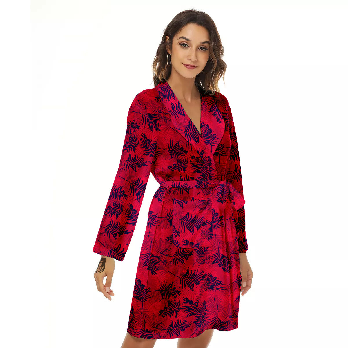 Palm Tree Red Print Pattern Women's Robe-grizzshop