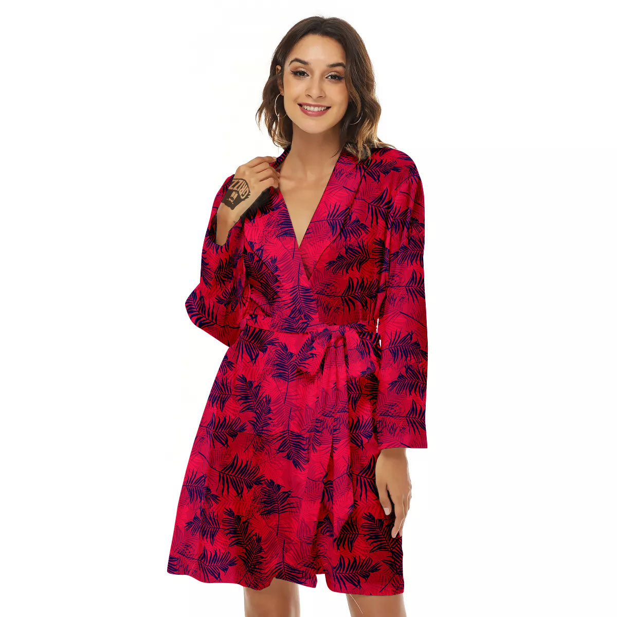 Palm Tree Red Print Pattern Women's Robe-grizzshop
