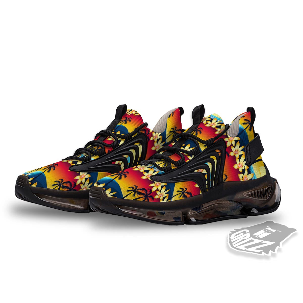 Palm Tree Sunset Hibiscus Print Pattern Black Gym Shoes-grizzshop