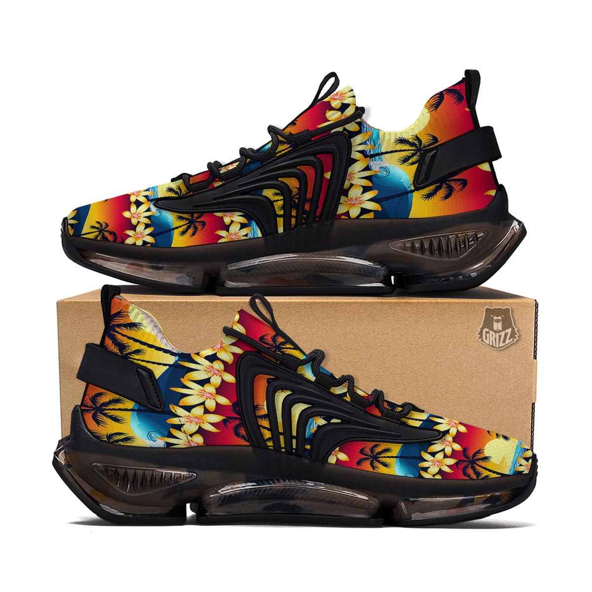 Palm Tree Sunset Hibiscus Print Pattern Black Gym Shoes-grizzshop