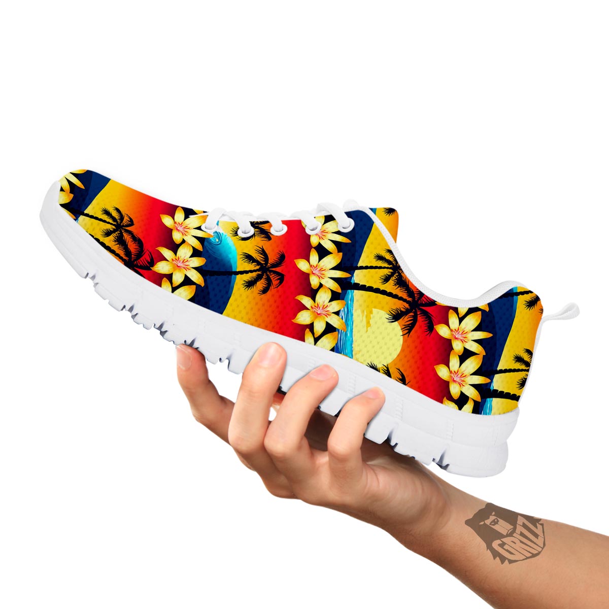 Palm Tree Sunset Hibiscus Print Pattern White Sneaker-grizzshop