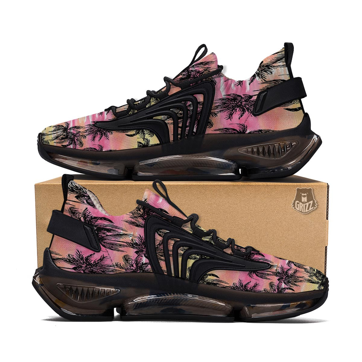 Palm Tree Sunset Print Pattern Black Gym Shoes-grizzshop