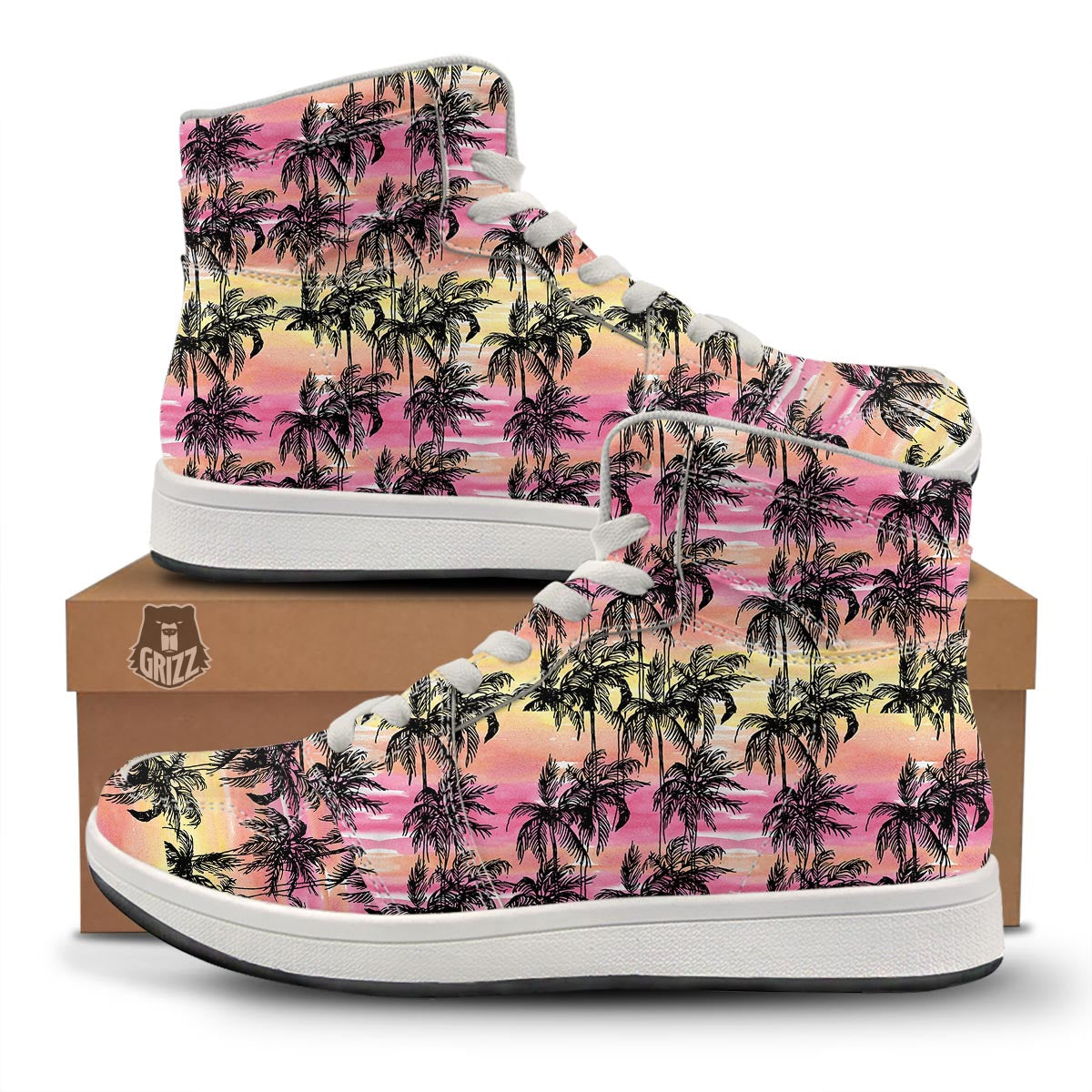 Palm Tree Sunset Print Pattern High Top Sneakers-grizzshop