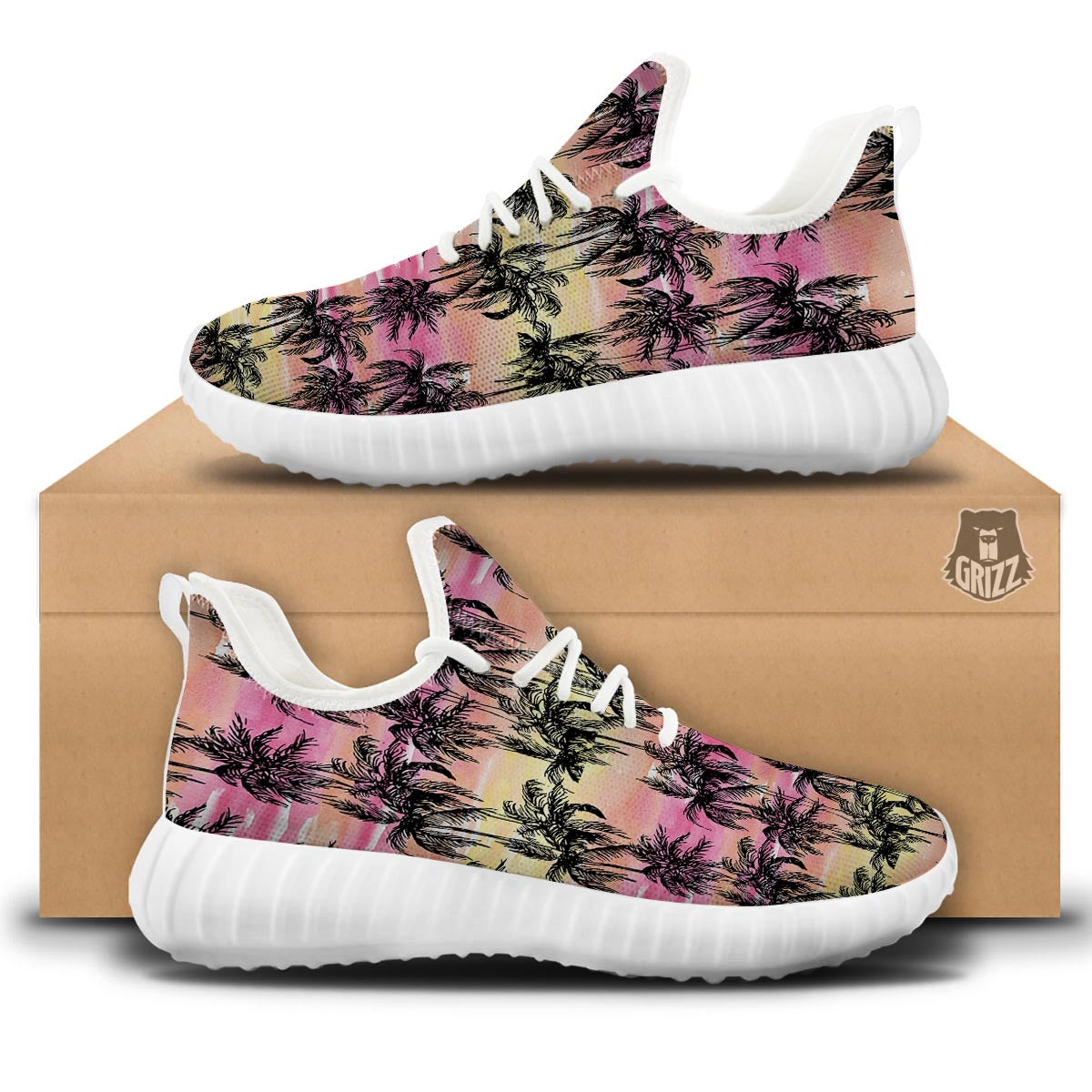 Palm Tree Sunset Print Pattern White Walking Shoes-grizzshop
