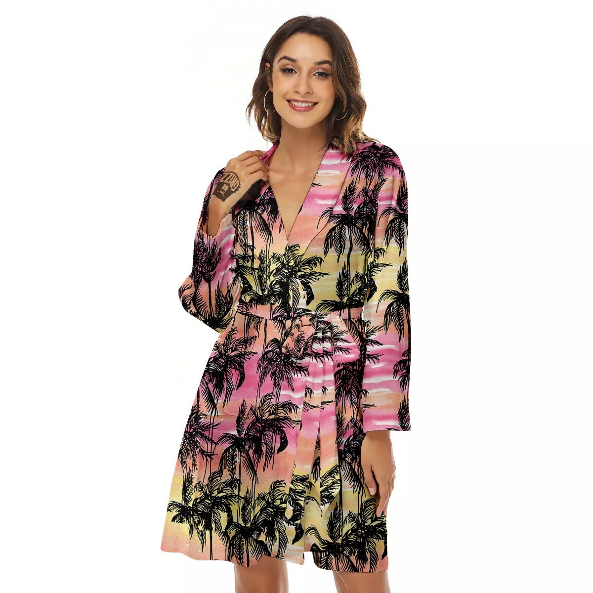 Palm Tree Sunset Print Pattern Women's Robe-grizzshop