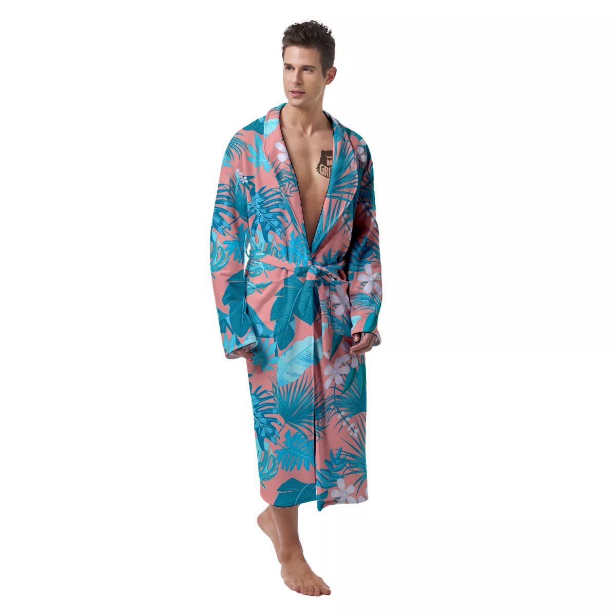 Palm Tree Teal Print Pattern Men's Robe-grizzshop
