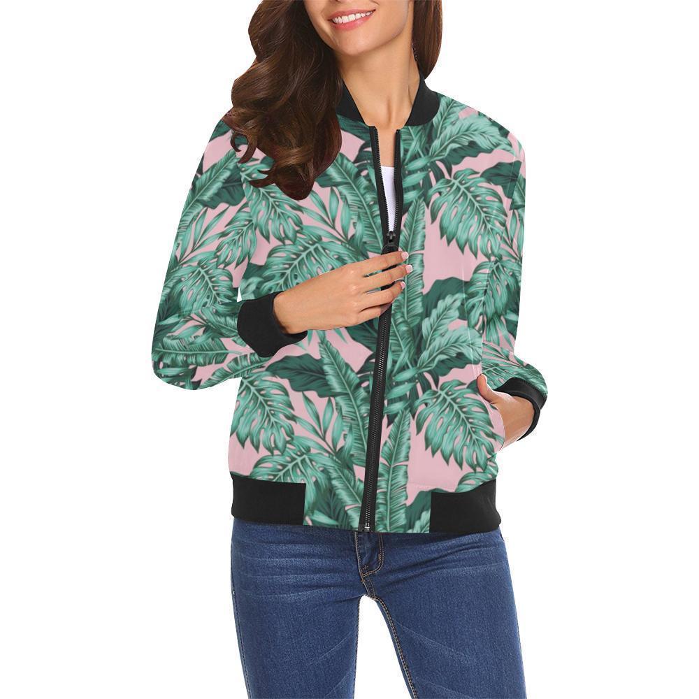 Palm Leaves Floral Tropical Hawaiian Pattern Print Women Casual Bomber Jacket-grizzshop