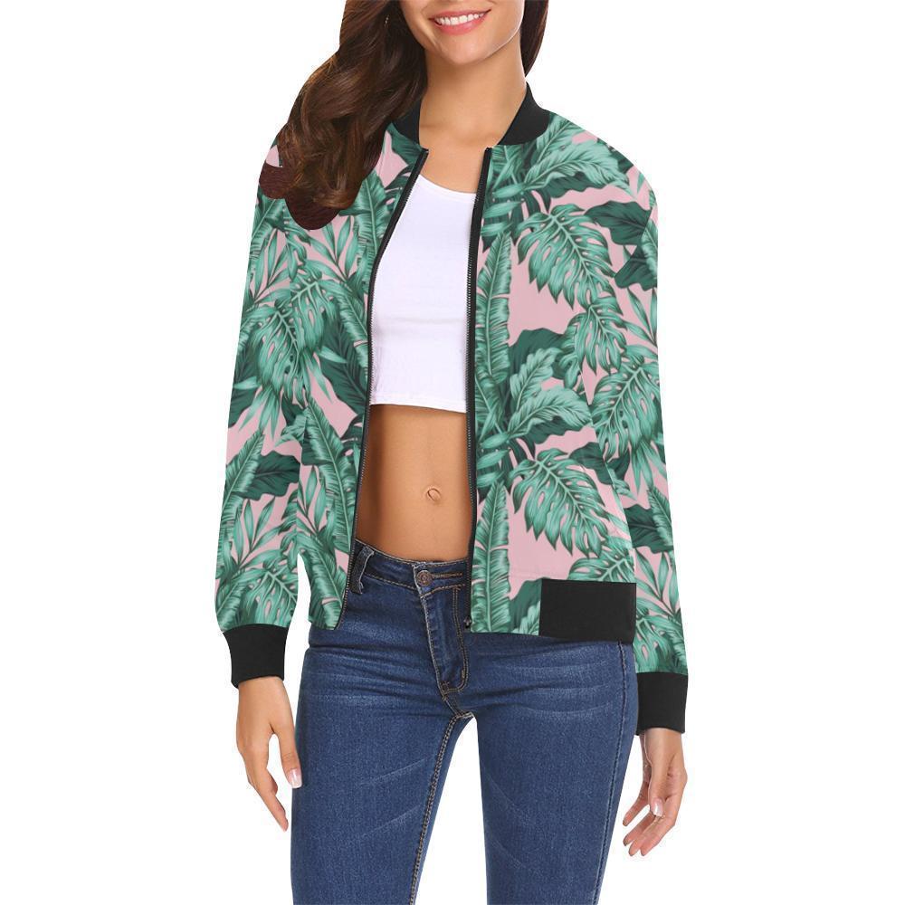 Palm Leaves Floral Tropical Hawaiian Pattern Print Women Casual Bomber Jacket-grizzshop
