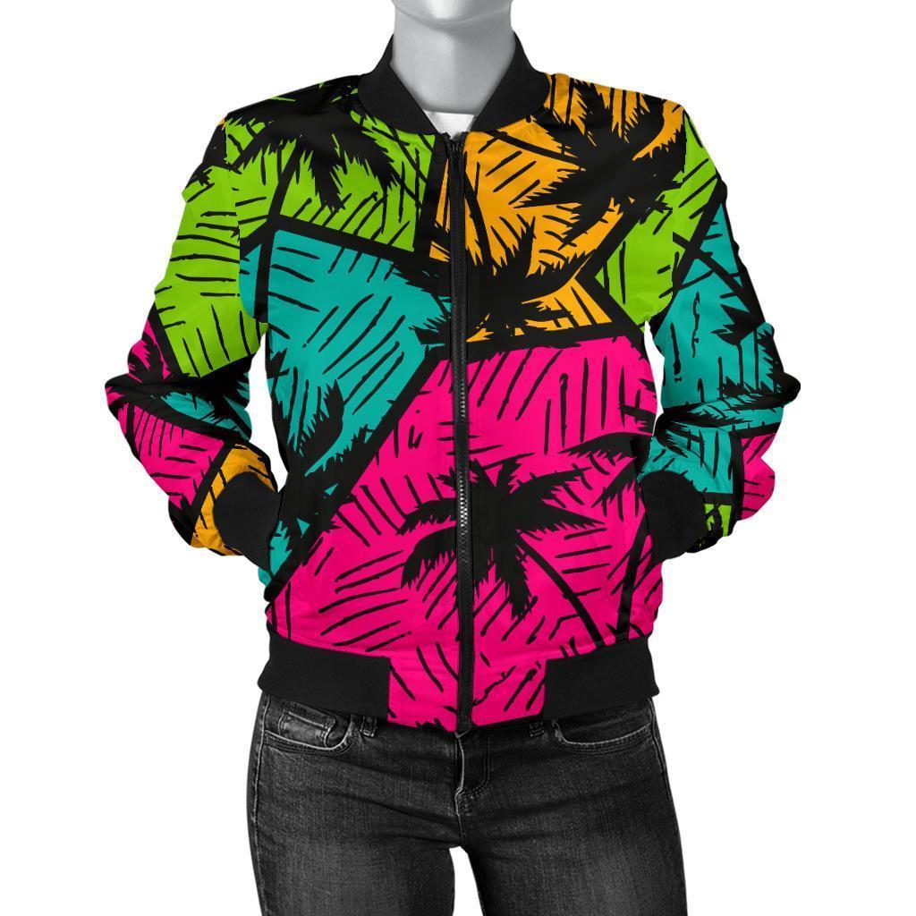 Palm Tree Beach Pattern Print Women Casual Bomber Jacket-grizzshop