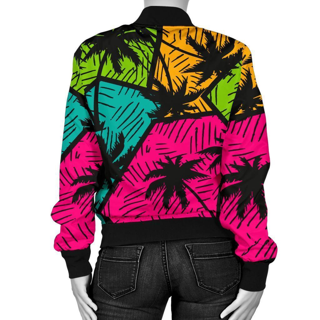 Palm Tree Beach Pattern Print Women Casual Bomber Jacket-grizzshop