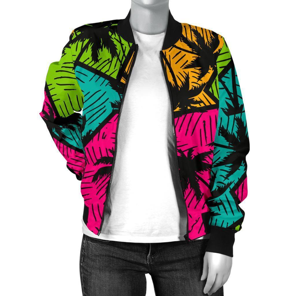 Palm Tree Beach Pattern Print Women Casual Bomber Jacket-grizzshop