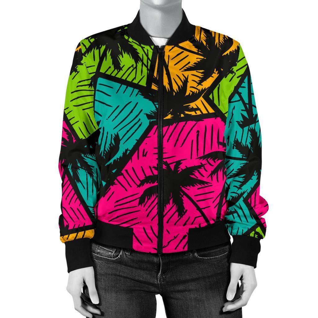 Palm Tree Beach Pattern Print Women Casual Bomber Jacket-grizzshop
