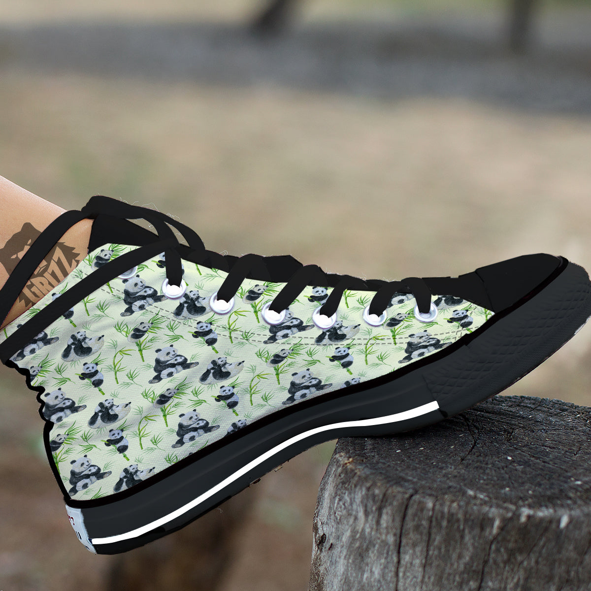 Panda Bamboo And Baby Print Pattern Black High Top Shoes-grizzshop