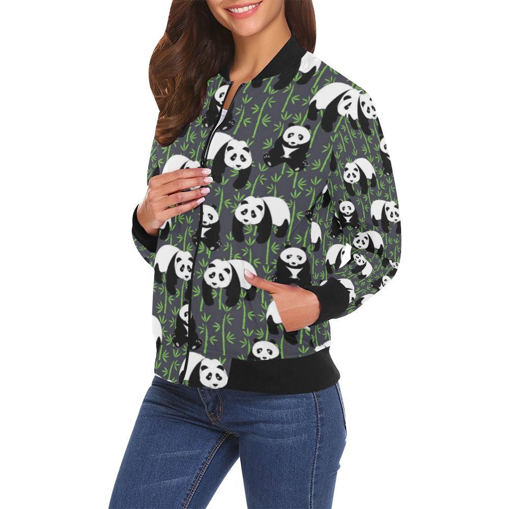 Panda Bamboo Pattern Print Women Casual Bomber Jacket-grizzshop