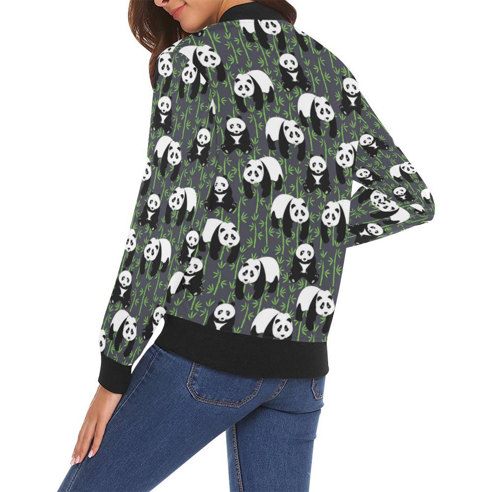 Panda Bamboo Pattern Print Women Casual Bomber Jacket-grizzshop