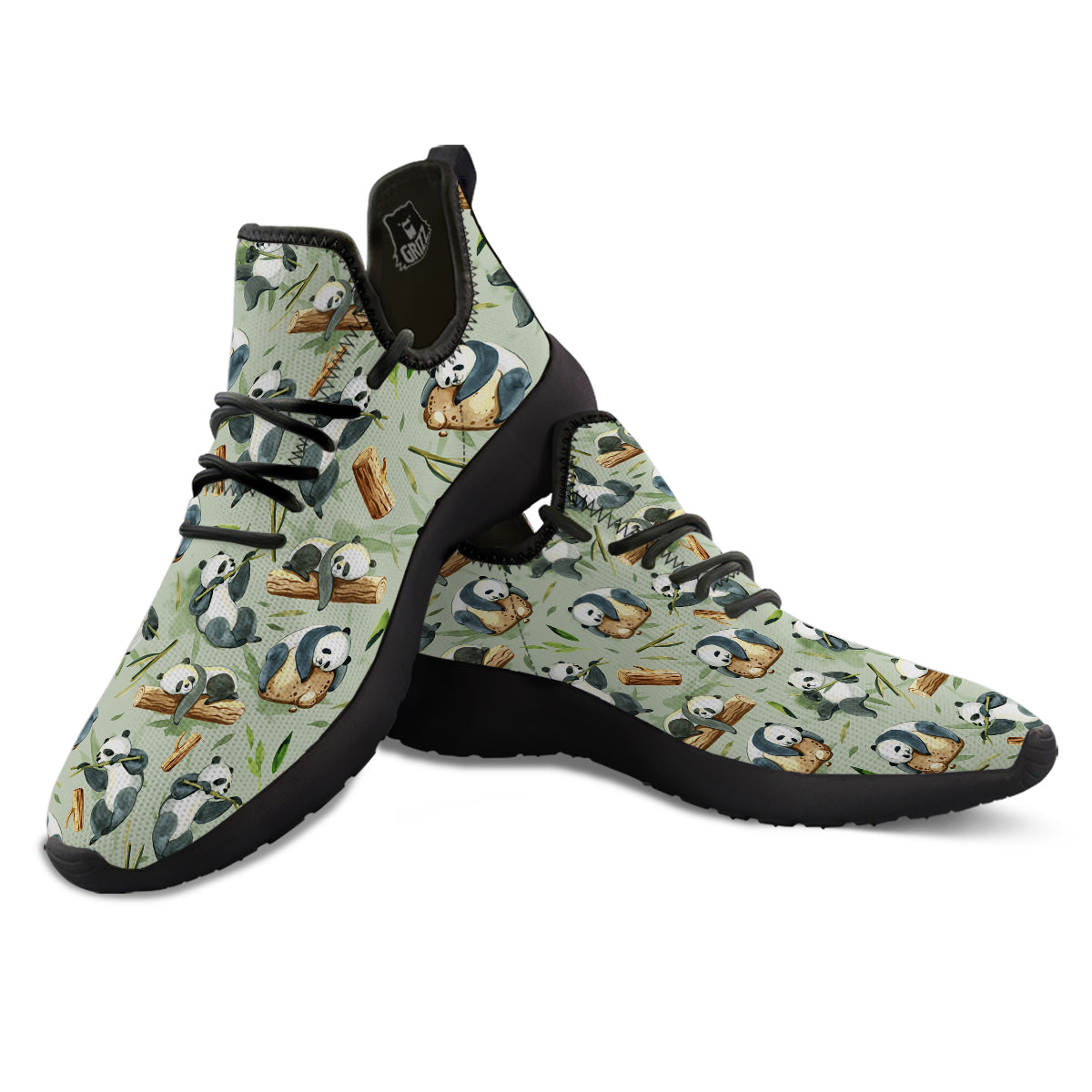 Panda Bear Watercolor Print Pattern Black Athletic Shoes-grizzshop